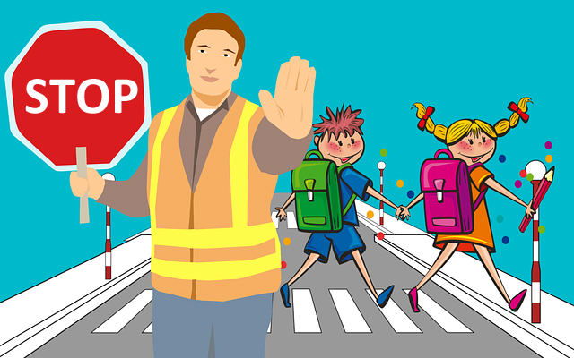 Illustration d'un agent de sécurité faisant traverser des enfants sur un passage piéton