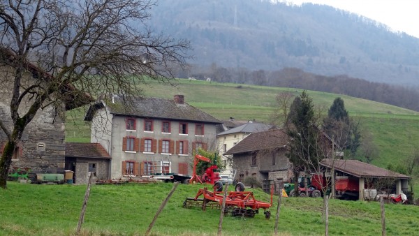 La ferme Charles et ses bâtiments agricoles, tracteur au premier plan