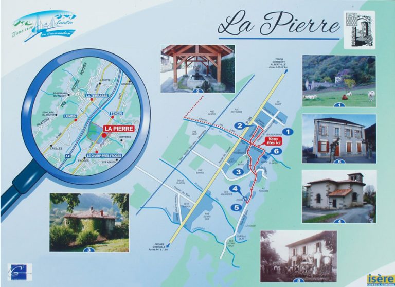 Panneau du parcours patrimoine de La Pierre, avec plan et photos des sites remarquables