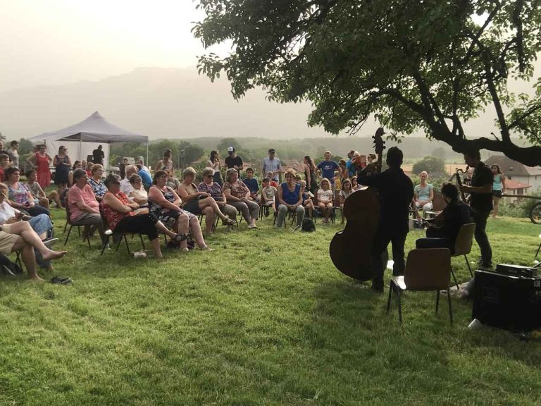 Public assis dans l'herbe lors d'un concert en plein air au coucher du soleil