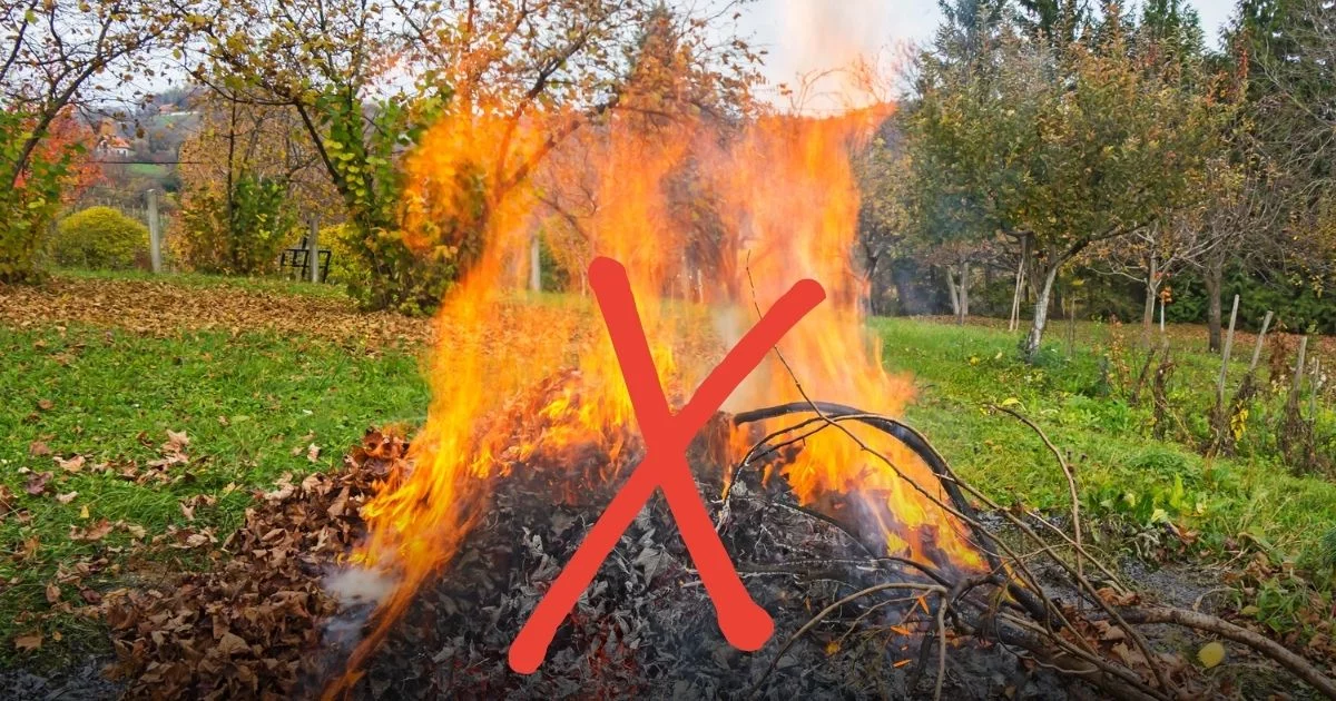 Un tas de végétaux en feu, barré d'une croix rouge symbolisant l'interdiction du brûlage